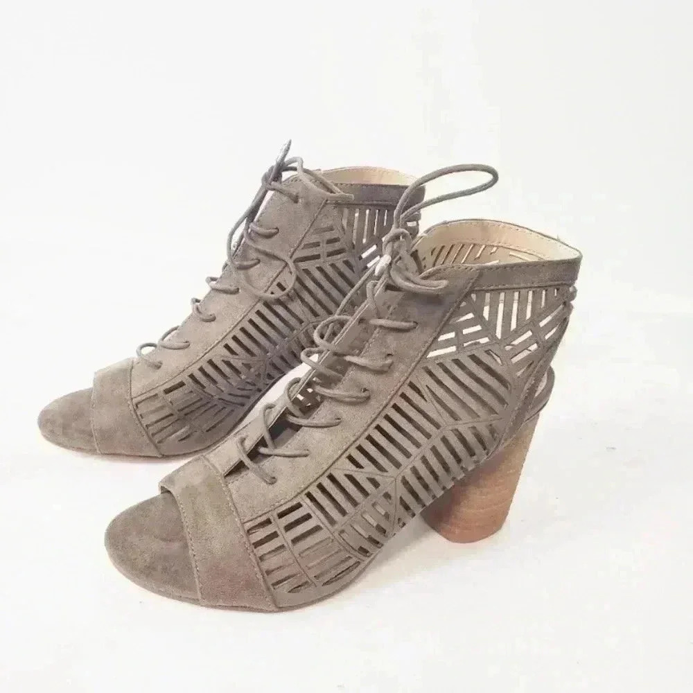 Sam Edelman Taupe Cutout Lace-Up Block Heel Sandals - Picture 2 of 5